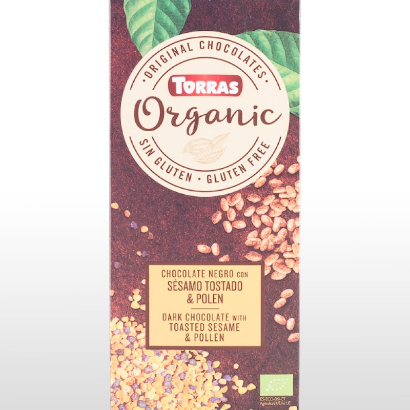  Ciocolată organică neagră cu semințe de susan prăjite și polen