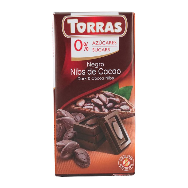  Ciocolată neagră fără zahăr cu bucăți de cacao, fără gluten