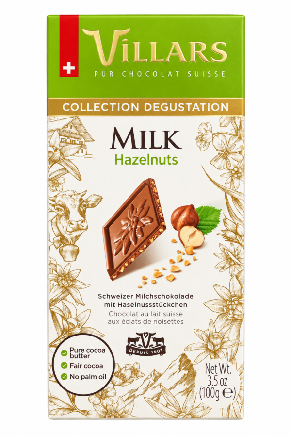 Ciocolată elvețiană Villars cu lapte și alune de pădure, 100g