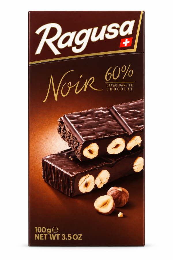 Ciocolată Elvețiană Ragusa Noir 60% Cu Alune Întregi 100G