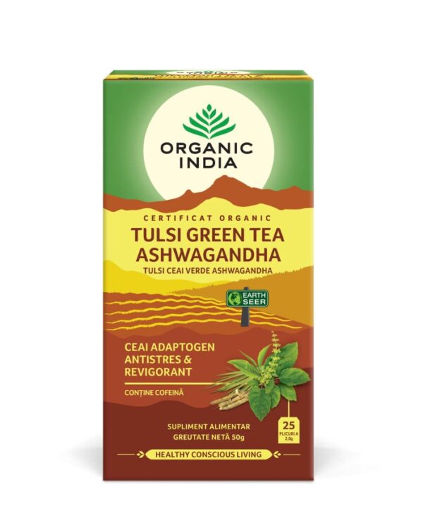 Ceai Organic India Tulsi Green Tea Ashwagandha – 25 plicuri