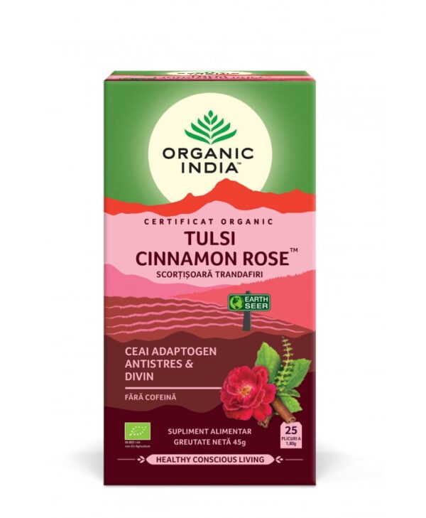 Ceai Organic India Tulsi Scorțișoară și Trandafir – 25 plicuri