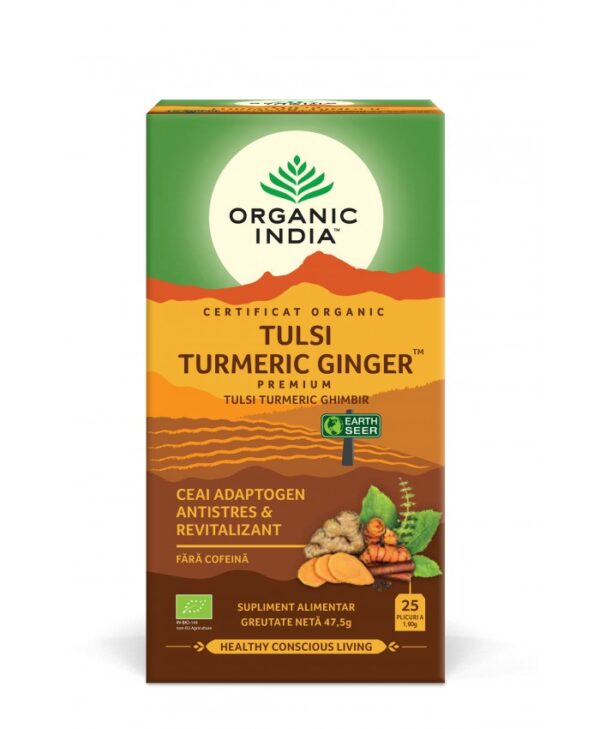 Ceai Organic India Tulsi Turmeric și Ghimbir – 25 plicuri