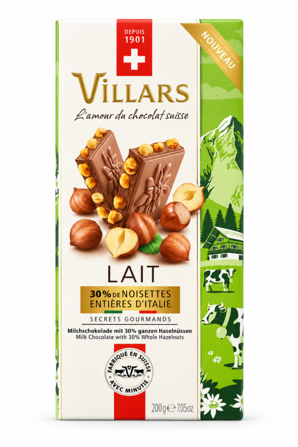 Ciocolată elvețiană cu lapte Villars - 30% alune de pădure întregi, 200g