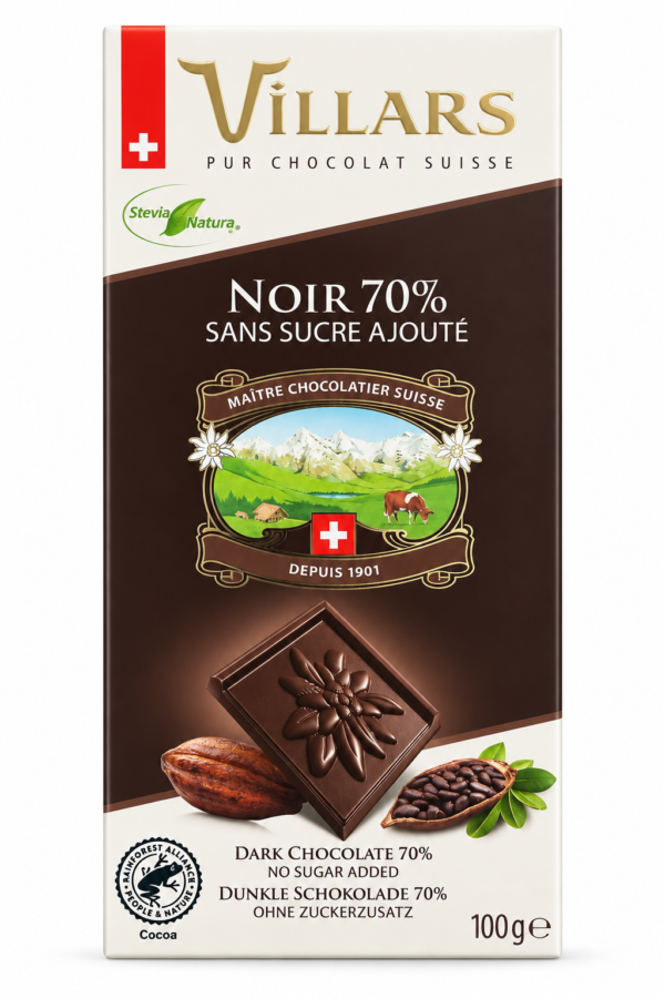 Ciocolată elvețiană neagră fără zahăr Villars Stevia - 70% Cacao, 100g