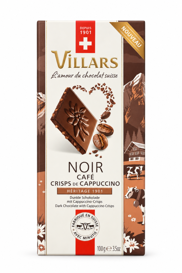 Ciocolată elvețiană neagră Villars - Crisps de Cappuccino, 100g