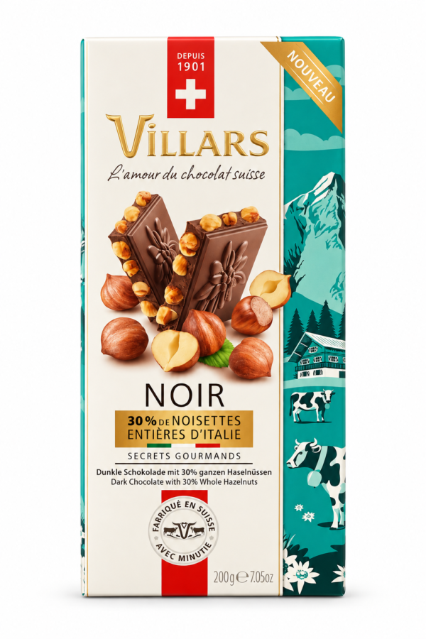 Ciocolată elvețiană neagră Villars - 30% alune de pădure întregi, 200g
