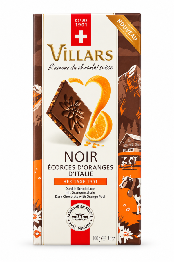 Ciocolată elvețiană neagră Villars cu coajă de portocală, 100g