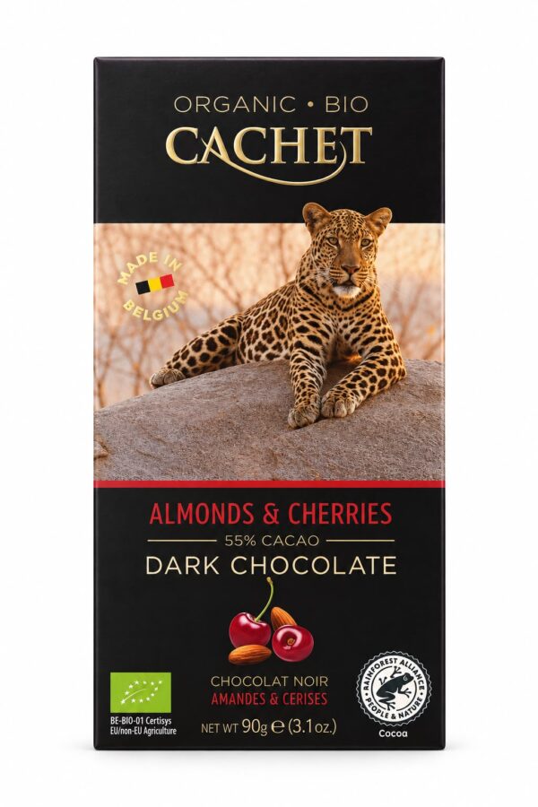 Ciocolată neagră bio Cachet 55% cacao cu migdale și cireșe, 90 g