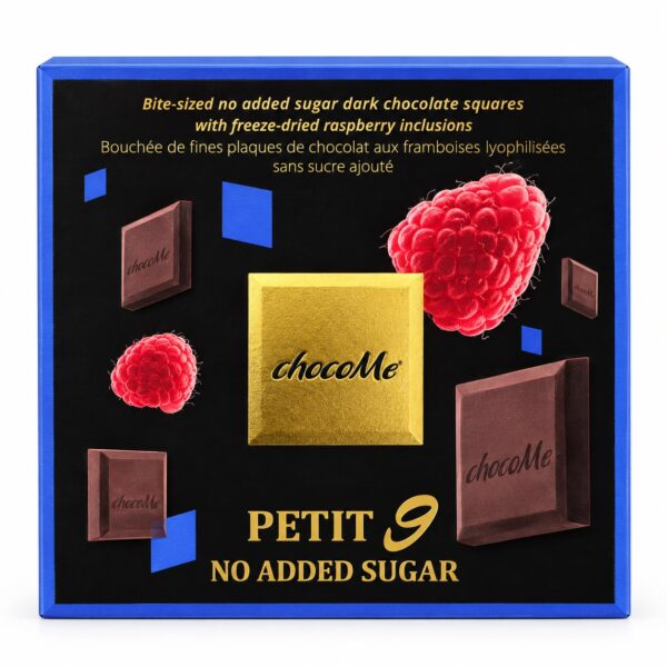 Ciocolată neagră chocoMe Petit 9 cu zmeură liofilizată, fără zahăr adăugat