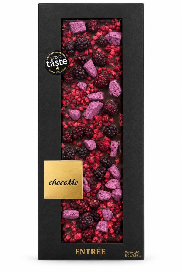 Ciocolată neagră chocoMe cu iaurt de afine, zmeură și mure liofilizate – 110 g