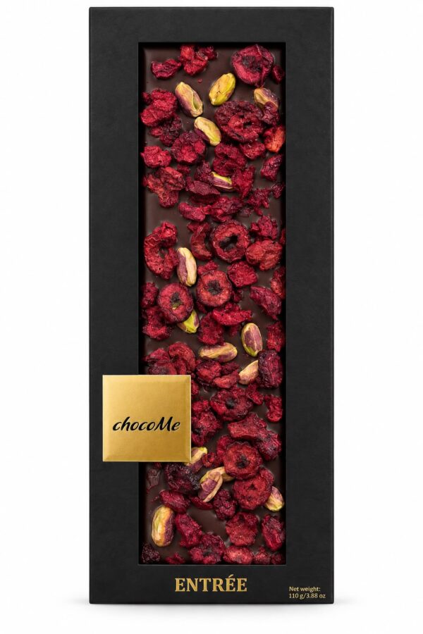 Ciocolată neagră chocoMe cu fistic și vișine liofilizate – 110 g
