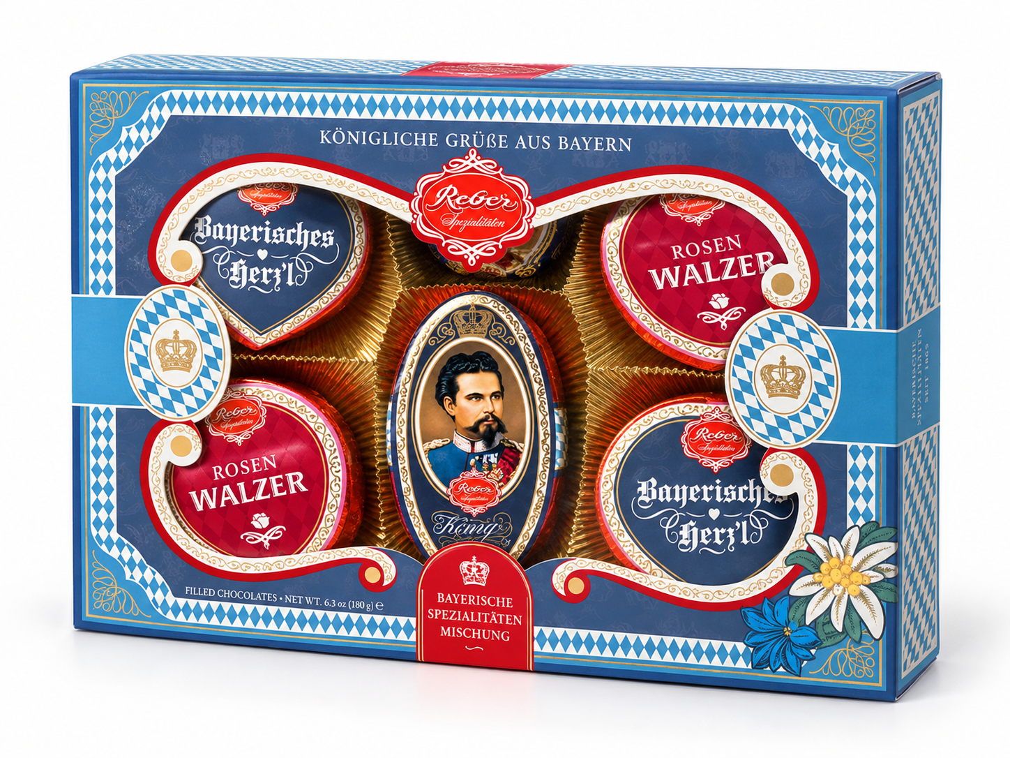 Praline asortate Reber Royal Bavarian Collection, din ciocolată cu marțipan, nougat și trufe, 180 g